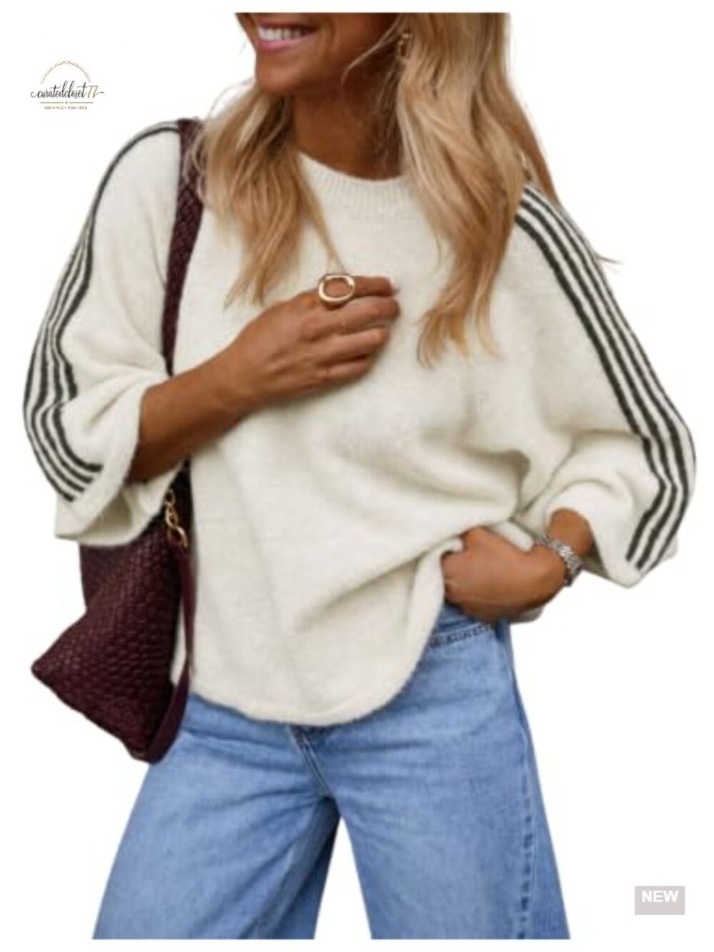 Oversized Striped Knit Pullover Sweater 3/4 Sleeve Crew Neck Casual Top